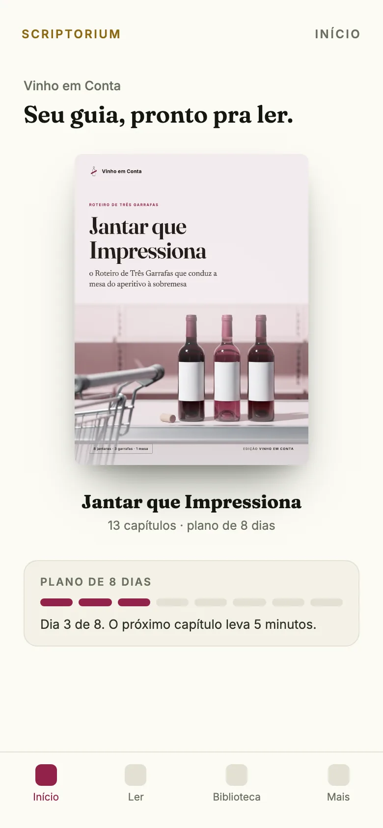 Capa do app: o ebook Jantar que Impressiona aberto na tela Início, com o plano de 8 dias